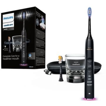 Philips Periuta de dinti electrica Philips Sonicare DiamondClean 9000 HX9917/89, 62000 miscari/minut, 4 moduri de curatare, 3 nivele intensitate, functia BrushSync, 2 baze de incarcare, 2 capete de periere, aplicatie Sonicare, Negru