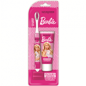Set Pasta de Dinti Copii x 25 ml si Periuta de Dinti, Naturaverde, Barbie, Peri Moi, Culoare Roz