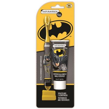 Set Pasta de Dinti Copii x 25 ml si Periuta de Dinti, Naturaverde, Batman, Peri Moi, Culoare Galbena