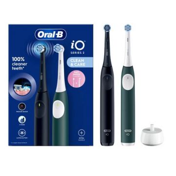 Set Periute de dinti electrice Oral-B iO2, 3 moduri periaj, 2 capete incluse, Senzor de presiune (Negru/Verde)